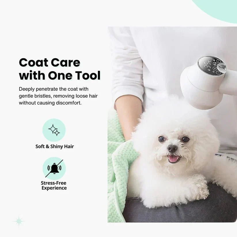 Gentle pet grooming brush with integrated dog hair dryer. Perfect for all dog breeds & hair types.