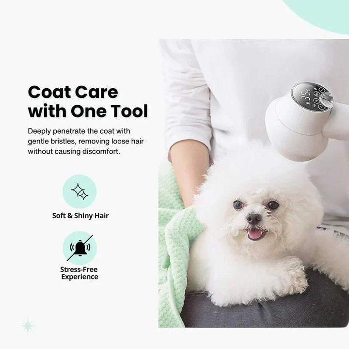 Gentle pet grooming brush with integrated dog hair dryer. Perfect for all dog breeds & hair types.