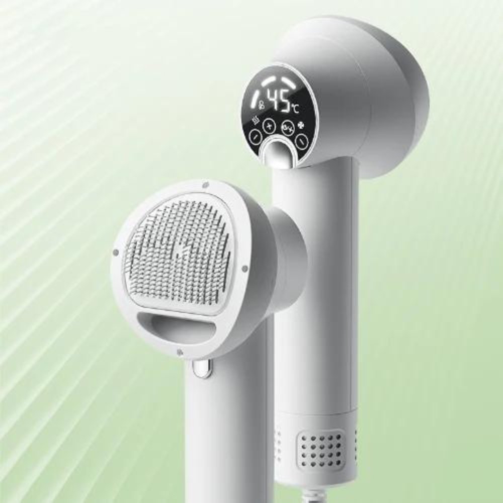 Compact dog hair dryer and pet brush, ideal for travel. Provides a gentle, efficient drying and grooming experience.