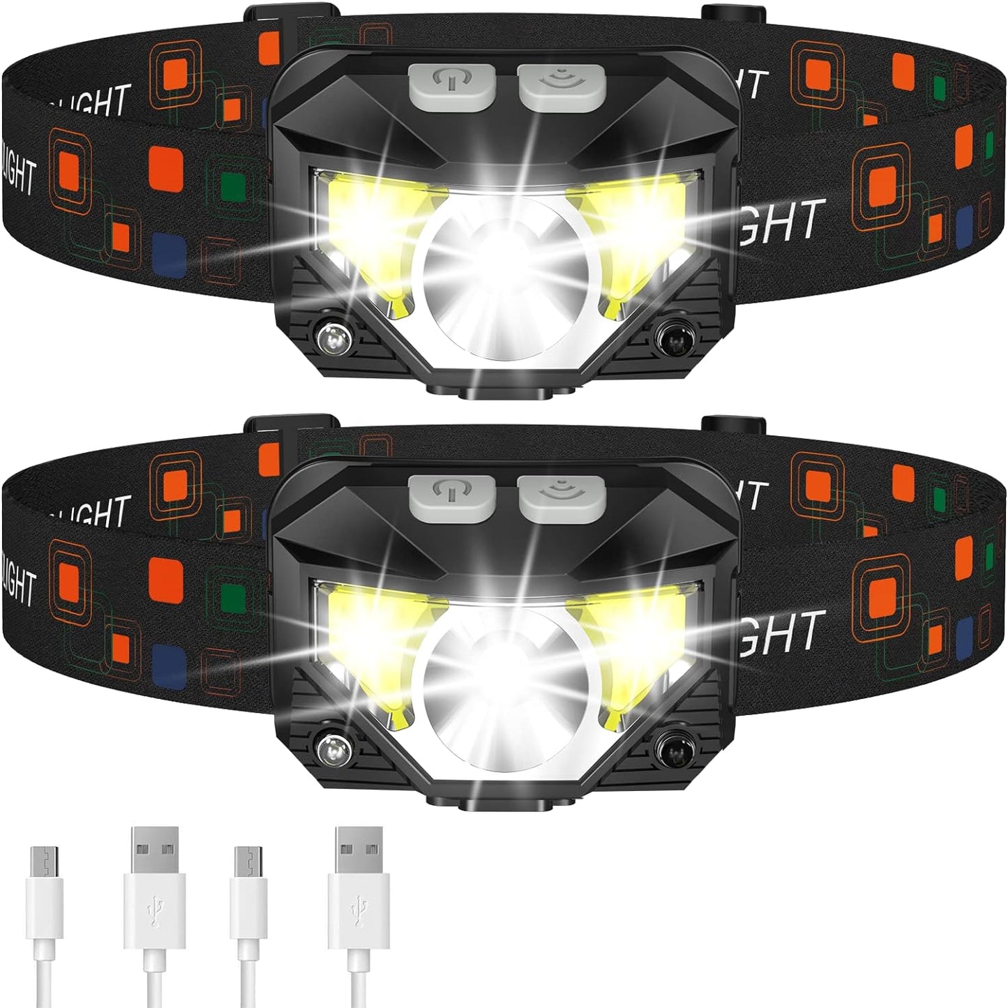 Unisex 2-pack ultra-bright rechargeable LED headlamp flashlights, waterproof with motion sensor for outdoor gear.