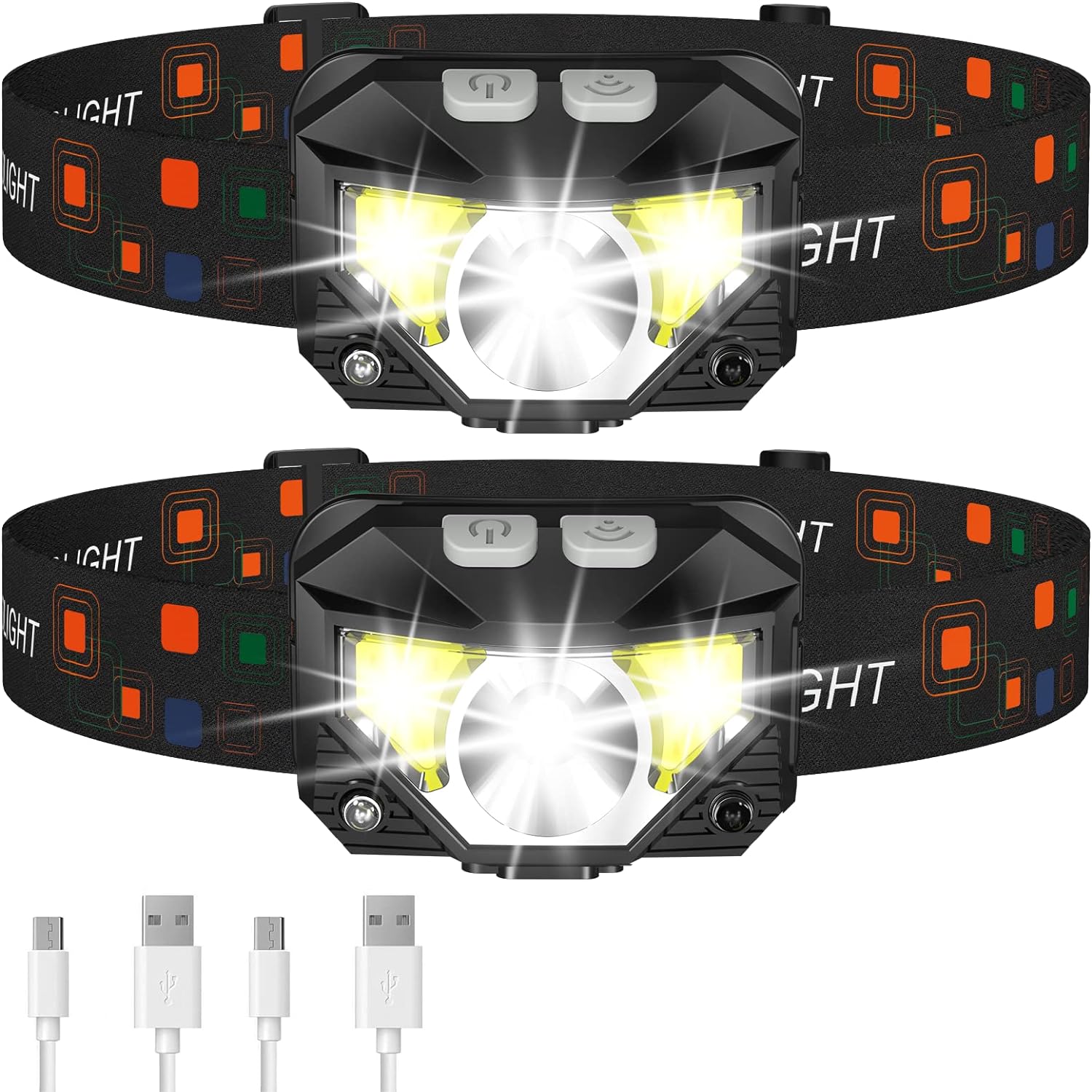 Unisex 2-pack ultra-bright rechargeable LED headlamp flashlights, waterproof with motion sensor for outdoor gear.
