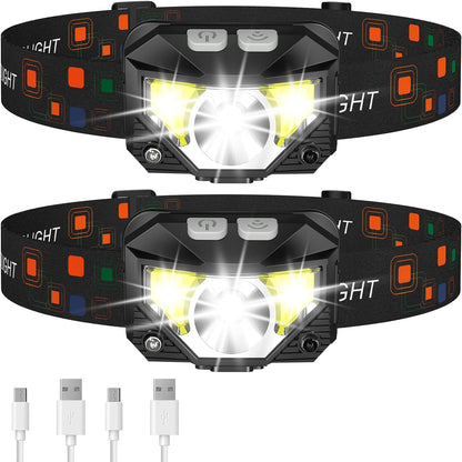 Unisex 2-pack ultra-bright rechargeable LED headlamp flashlights, waterproof with motion sensor for outdoor gear.