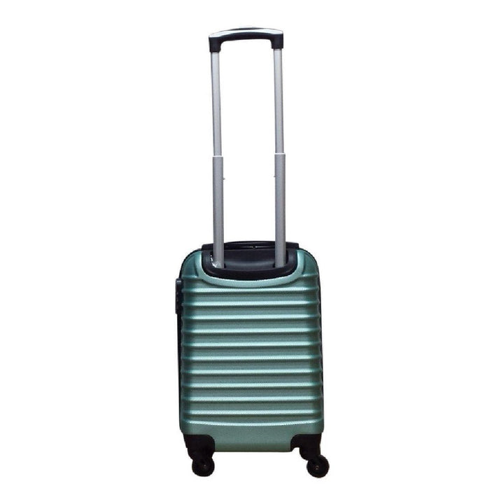 Compact green ABS hardshell carry-on and matching larger suitcase, a durable travel solution.
