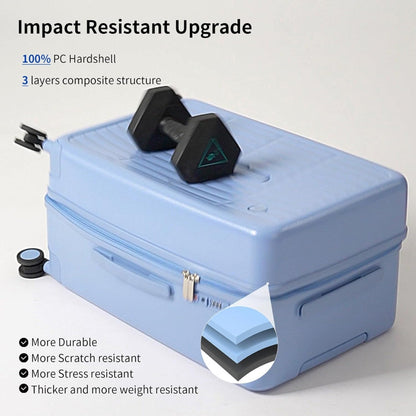 Tough 20" PC hard shell carry-on suitcase, airline-approved, with smooth spinner wheels.