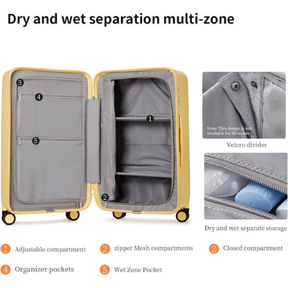 Hard shell 20-inch carry-on suitcase, lightweight, with spinner wheels and TSA lock.