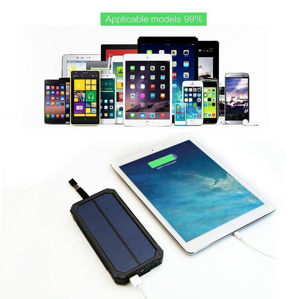 Unisex powerful 20000mAh solar power bank with flashlight, essential camping accessory.