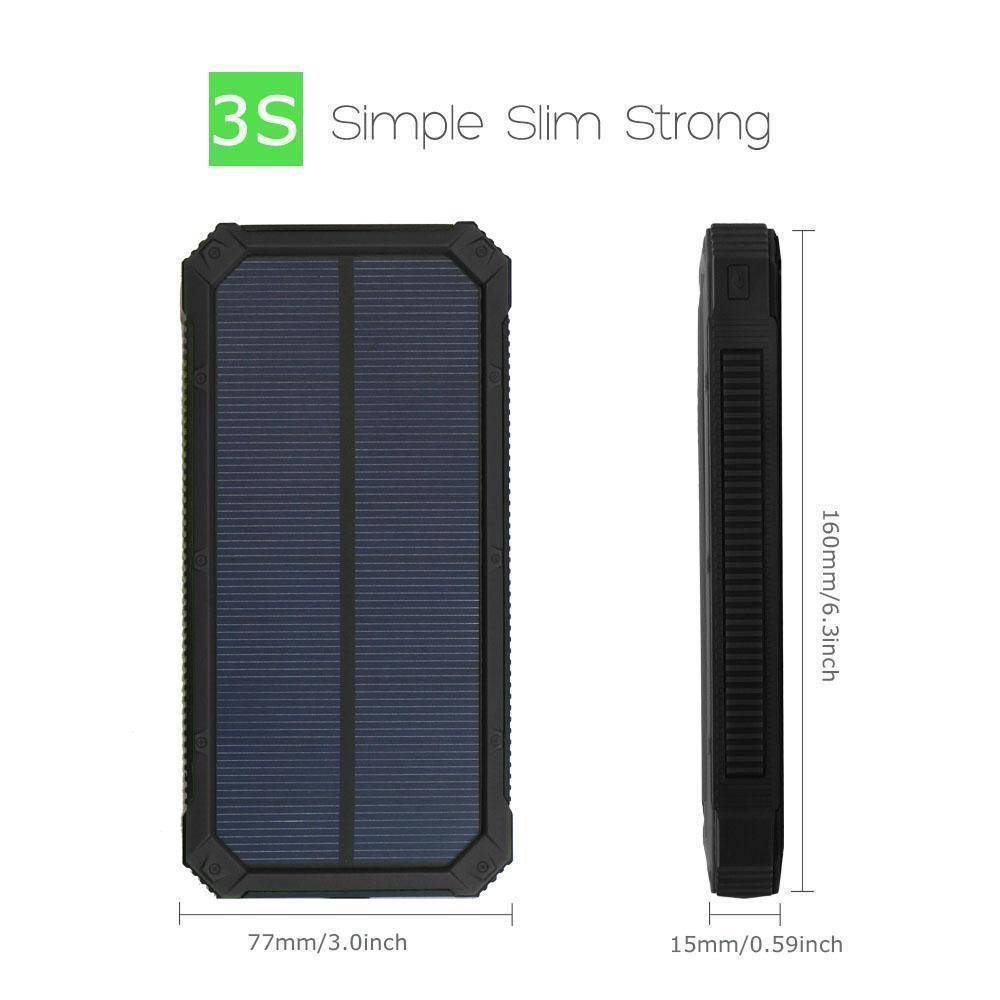 Portable 20000mAh solar power bank with dual USB & flashlight, designed for rugged outdoor use.