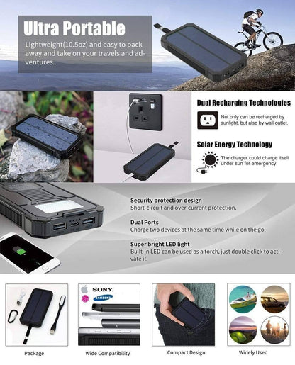 Solar-powered 20000mAh portable charger with flashlight, essential for emergency preparedness.