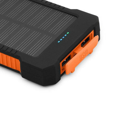 This 20000mAh solar power bank includes a bright flashlight, a must-have for outdoor survival