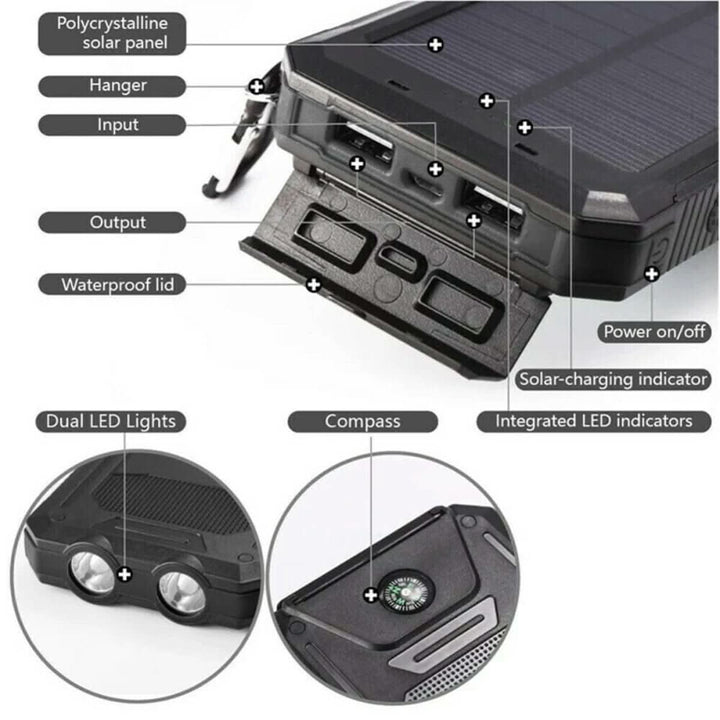 Compact 20000mAh waterproof solar power bank, excellent for backpacking & long trips.