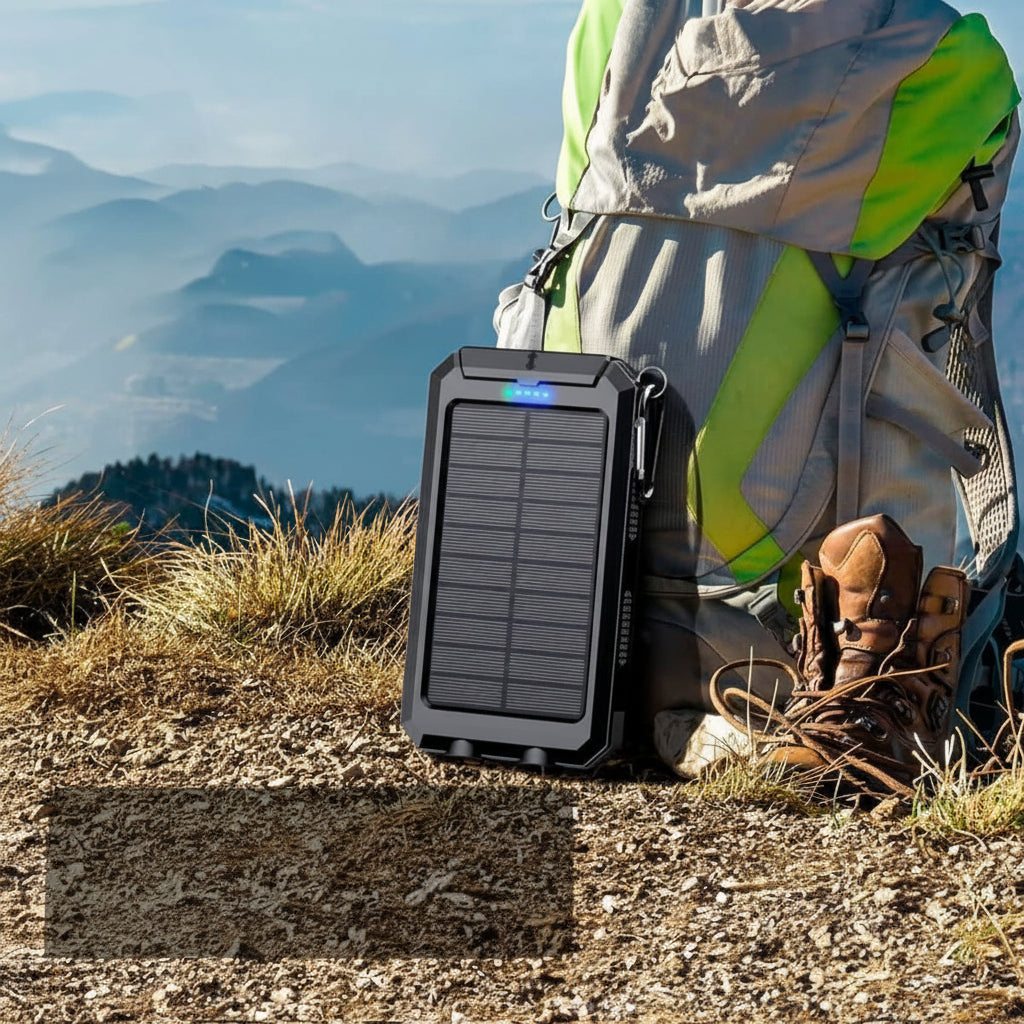 Waterproof 20000mAh solar power bank with USB output, perfect for camping and hiking.