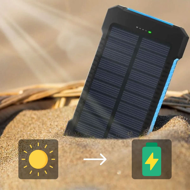 Portable solar charger for phones, 20000mAh capacity, ideal for outdoor travel & emergencies.