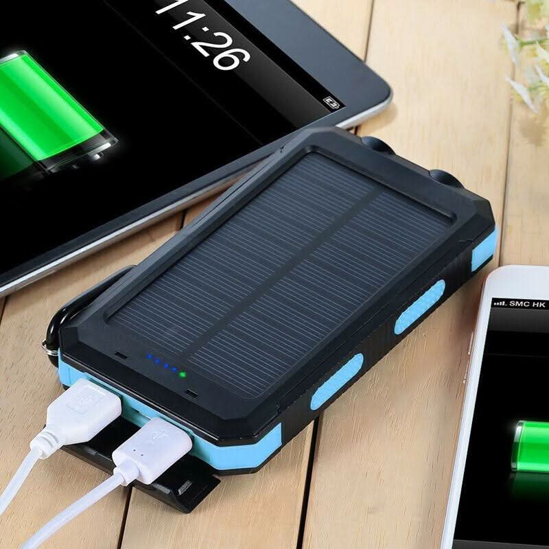 Rugged 20000mAh solar power bank with built-in LED emergency light, great for wilderness.