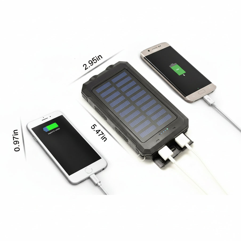 Unisex portable 20000mAh solar power bank, durable and waterproof for all weather.