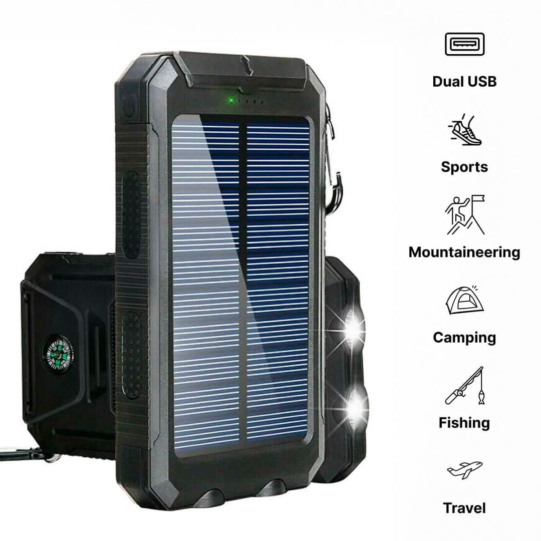 High-capacity 20000mAh solar charger, waterproof design for hiking, camping, and emergencies.