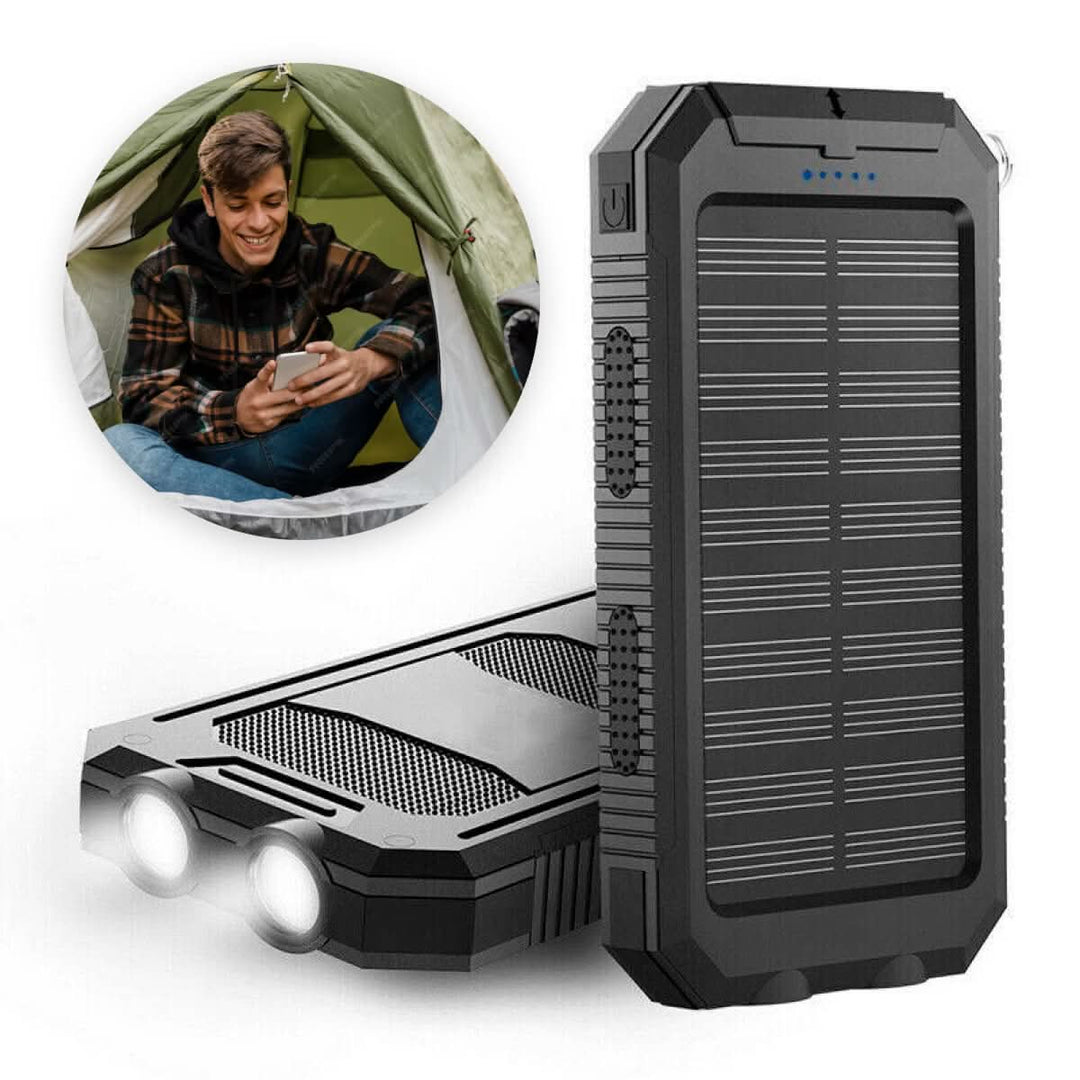 USB solar power bank, 20000mAh, waterproof, and portable for all your outdoor charging needs.