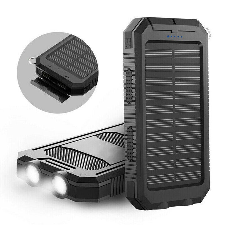 Emergency 20000mAh solar charger with bright LED light, robust for any outdoor situation.