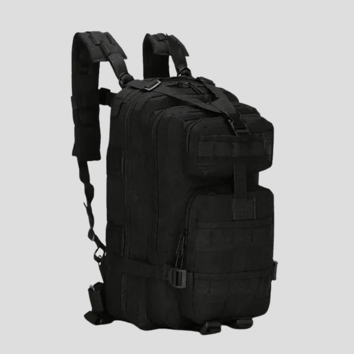 Unisex 20L Tactical MOLLE Backpack. Durable outdoor emergency survival pack for camping & hiking in black.