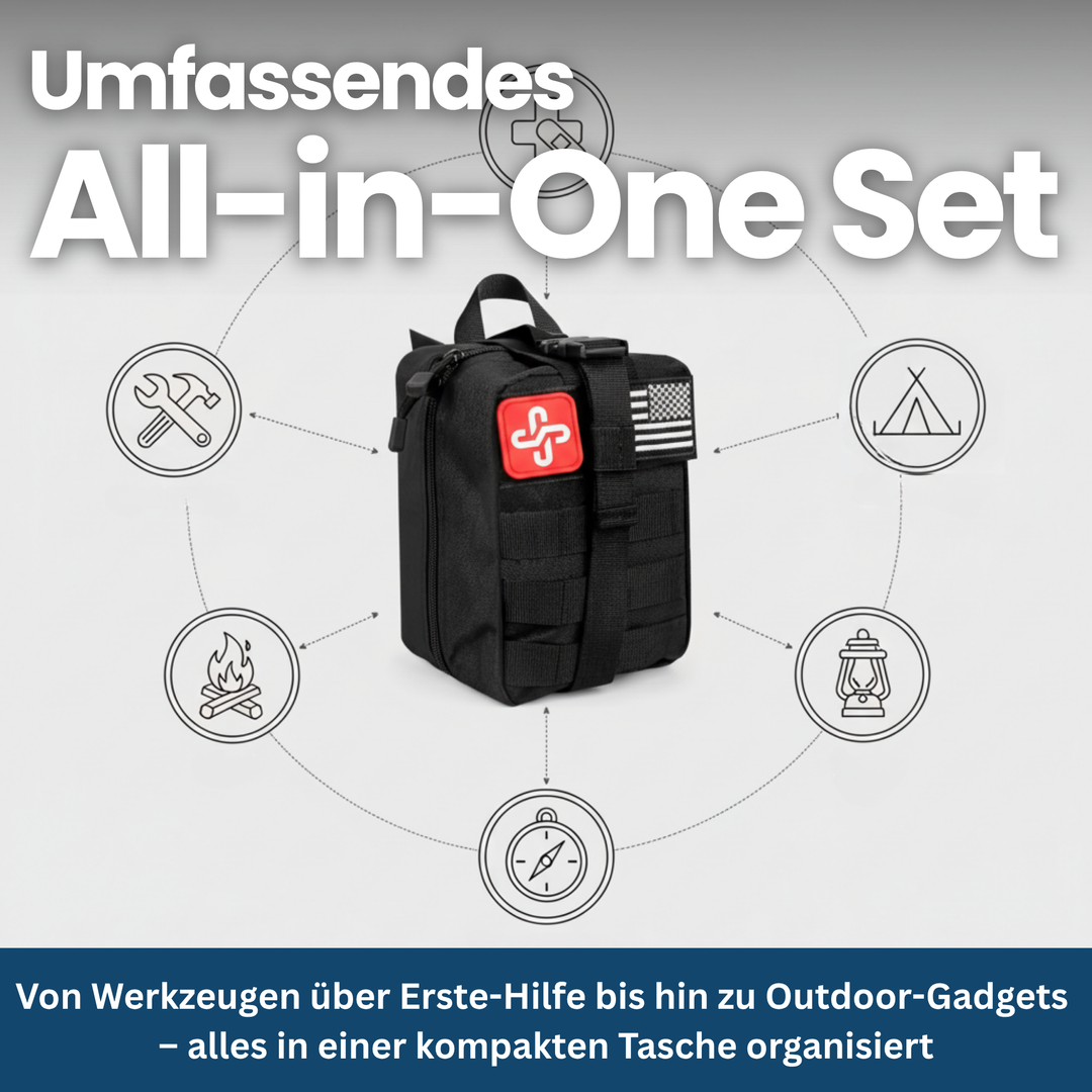 Detailed view of a 250-piece unisex survival kit, ideal emergency gear for outdoor camping & hiking