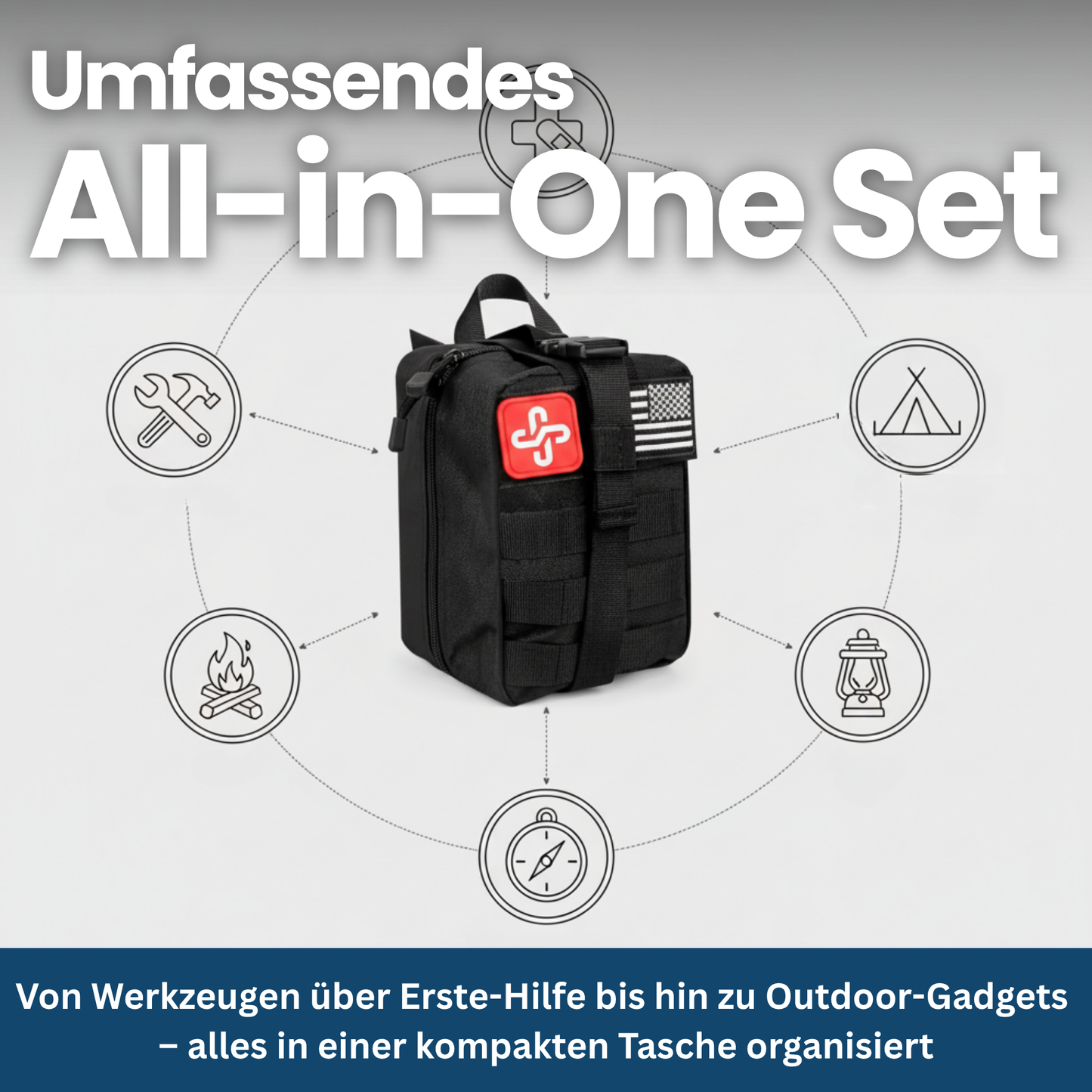 Detailed view of a 250-piece unisex survival kit, ideal emergency gear for outdoor camping & hiking