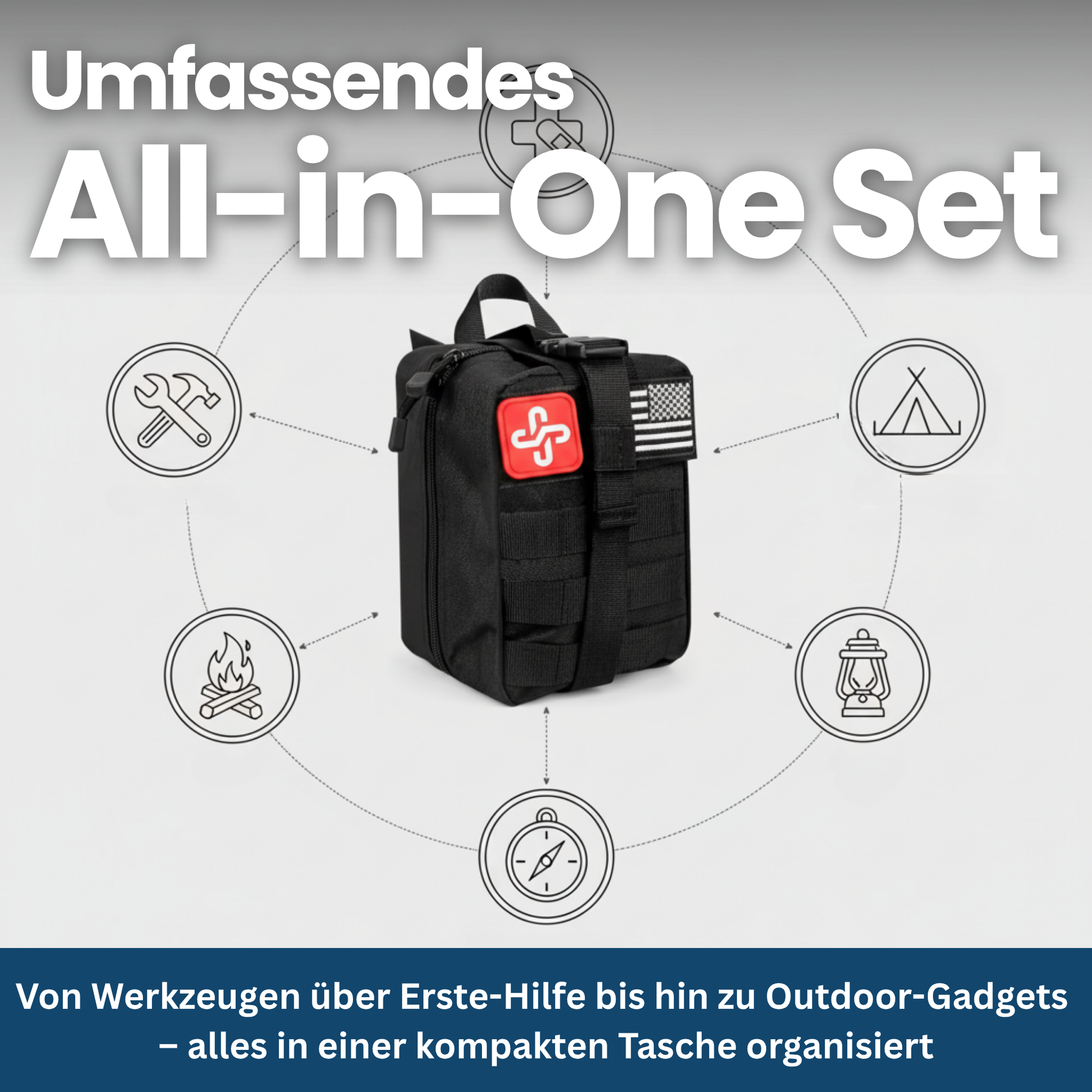 Detailed view of a 250-piece unisex survival kit, ideal emergency gear for outdoor camping & hiking