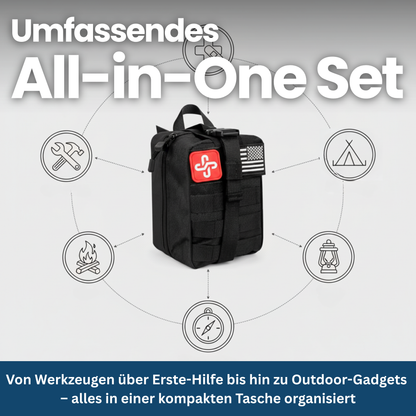 Detailed view of a 250-piece unisex survival kit, ideal emergency gear for outdoor camping & hiking