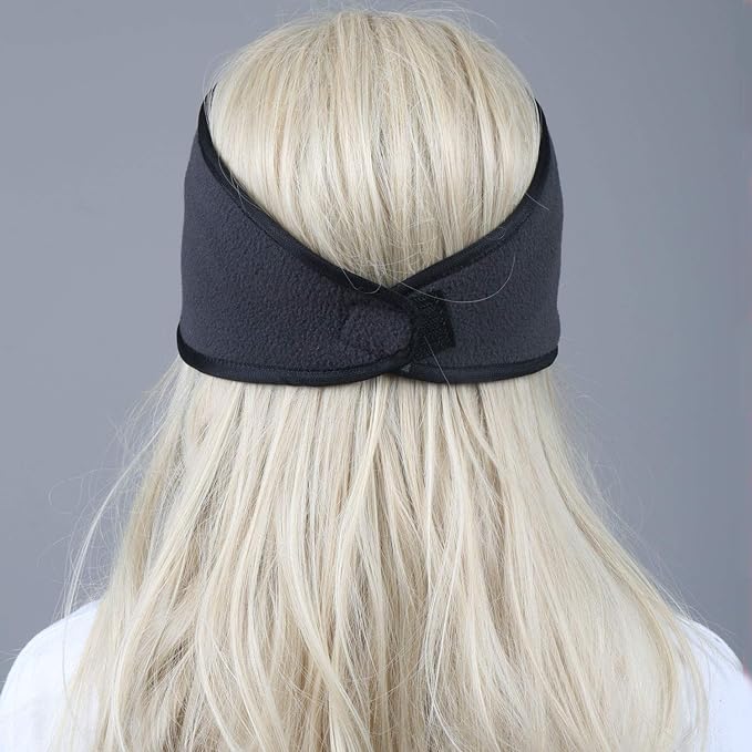 Three fleece ear warmers in black, grey, and navy, designed for unisex winter comfort & warmth.