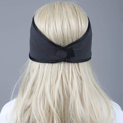 Three fleece ear warmers in black, grey, and navy, designed for unisex winter comfort & warmth.