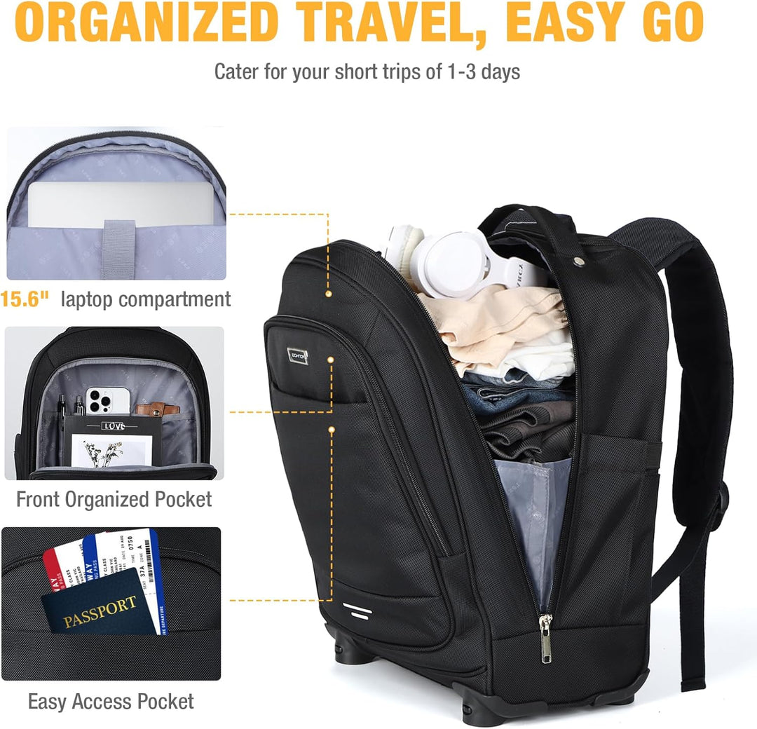 Water-resistant rolling laptop backpack, 30L capacity. Ideal for travel, carry-on, or daily commute.