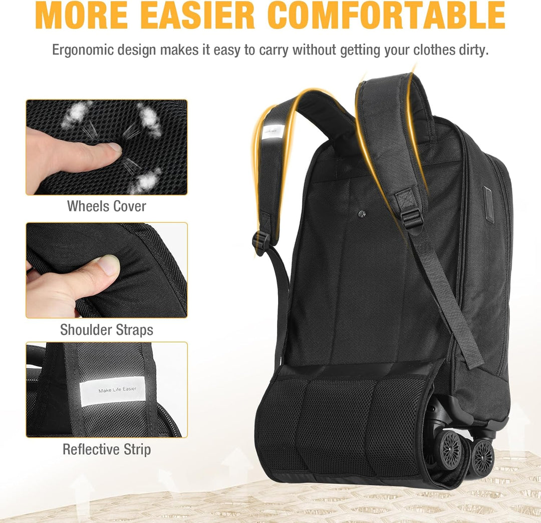 Stylish unisex rolling laptop backpack, 30L, with smooth 4 spinner wheels. Perfect carry-on travel bag.