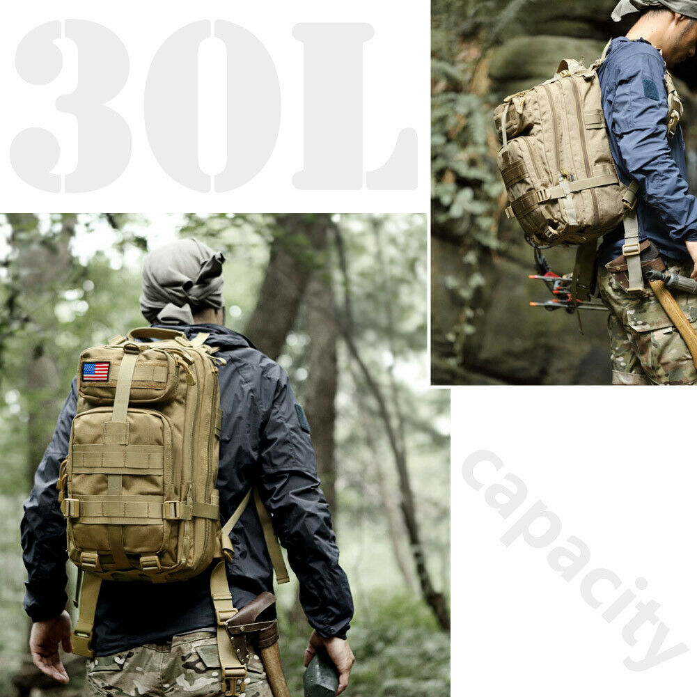 Front view of 30L waterproof military rucksack, ideal for hiking and camping, with multiple compartments