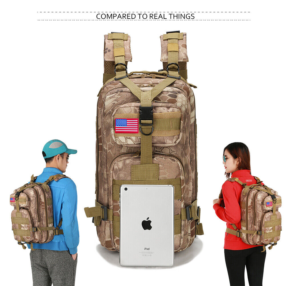 Side profile of a durable 30L tactical backpack, designed for survival gear and outdoor adventures