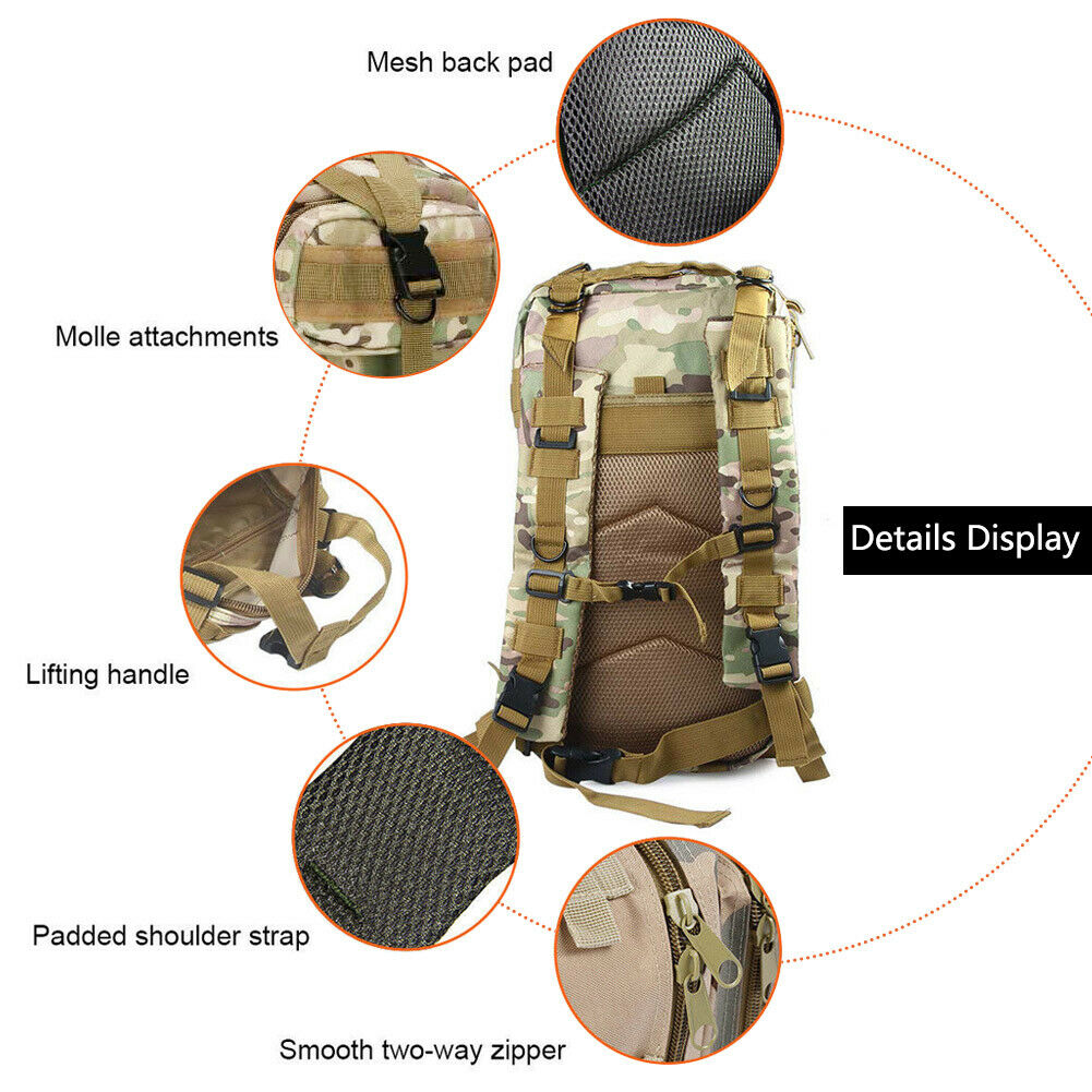 Close-up of the MOLLE system on a 30L tactical backpack, highlighting its modularity for survival gear