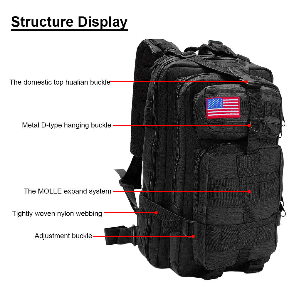 Black 30L military tactical backpack, waterproof and rugged, perfect for survival gear and extreme conditions