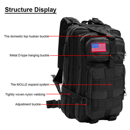 Black 30L military tactical backpack, waterproof and rugged, perfect for survival gear and extreme conditions