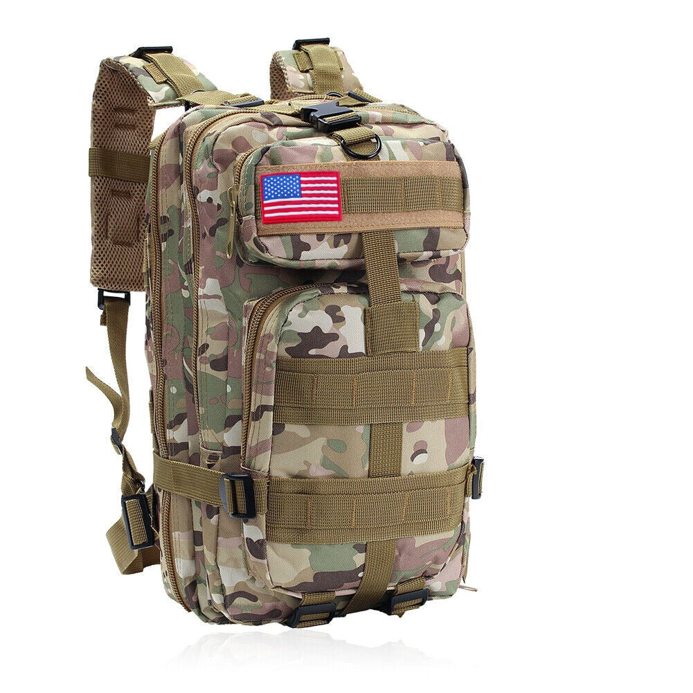 Waterproof 30L tactical rucksack featuring a hydration bladder compartment, essential for outdoor adventure