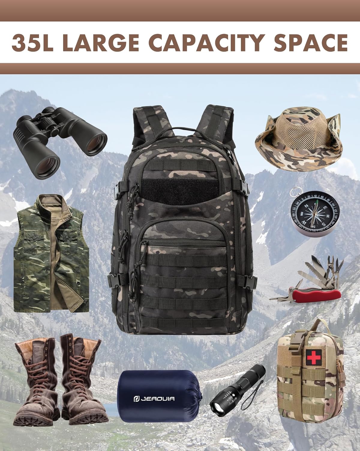 Outdoor gear essential: 35L tactical backpack with comfortable fit and laptop sleeve.