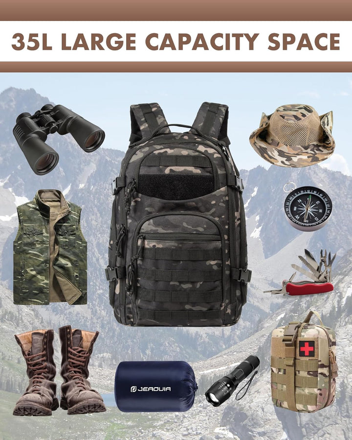 Outdoor gear essential: 35L tactical backpack with comfortable fit and laptop sleeve.