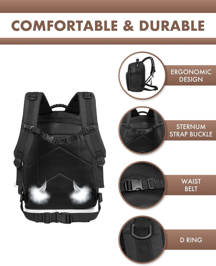 Utility pack 35L: a rugged tactical backpack featuring extensive Molle webbing.