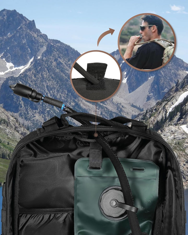 Secure 35L laptop backpack, a tactical travel pack with robust outdoor construction.