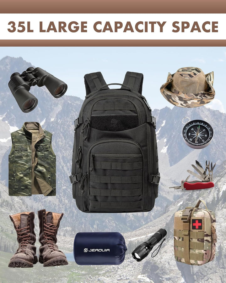 Durable 35L outdoor tactical backpack, a unisex hiking bag with essential laptop storage.
