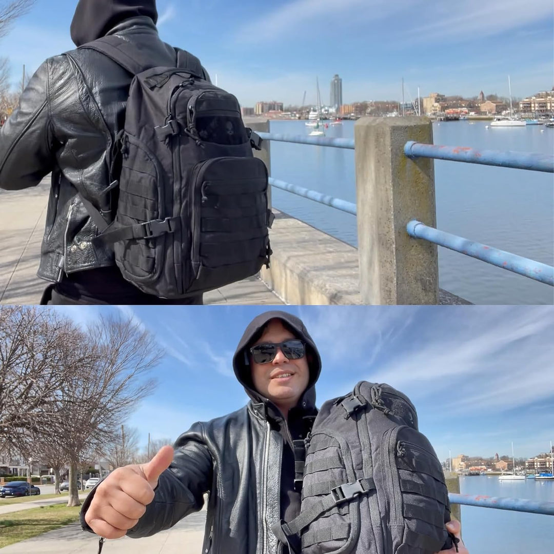 Durable 35L tactical backpack featuring laptop storage & Molle webbing for utility.