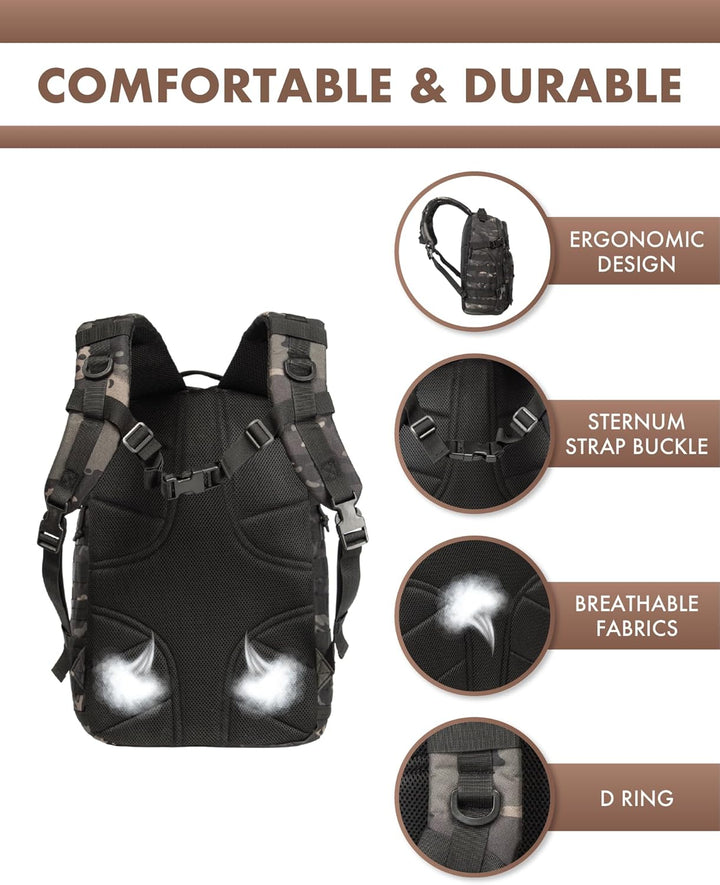 Robust 35L adventure bag, a unisex tactical backpack for outdoor and urban use.