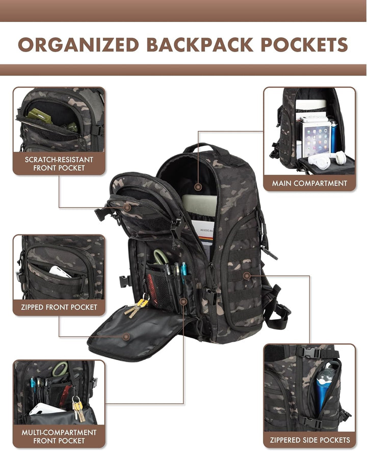 Tactical backpack 35L with Molle system, ensuring durability for any environment.