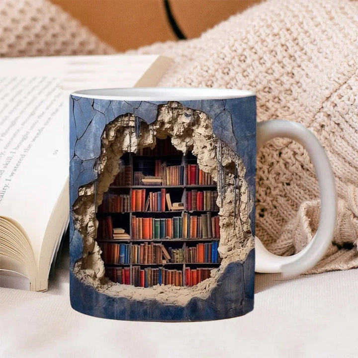 Unisex 3D Bookshelf Mug, perfect unique gift for book lovers & avid readers. Ceramic coffee or tea mug with literary design.