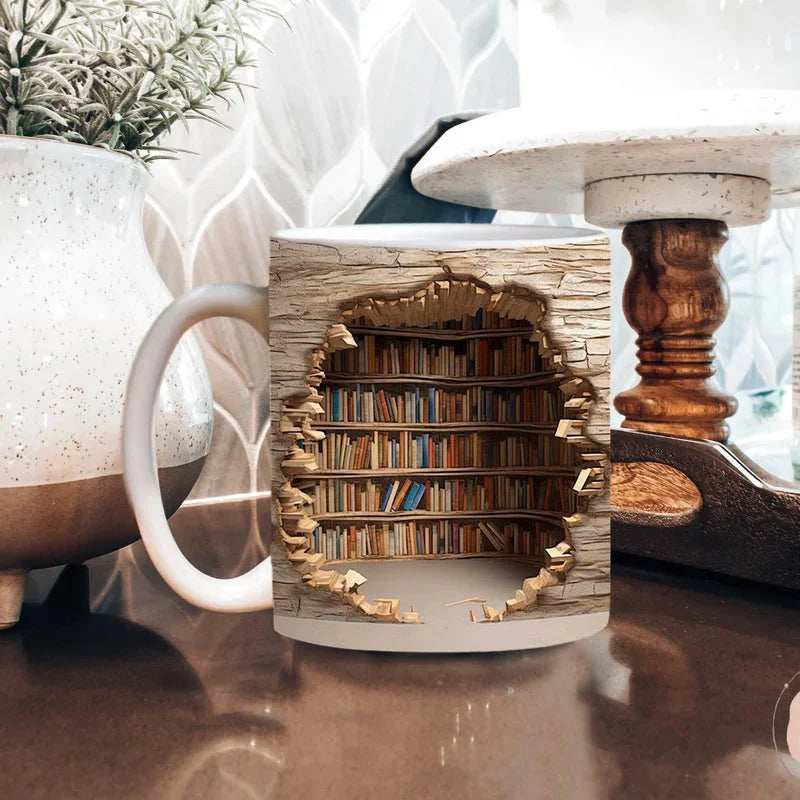Close-up of a unique ceramic 3D Bookshelf Mug, ideal for bookworms & literary enthusiasts. Great home or office decor.