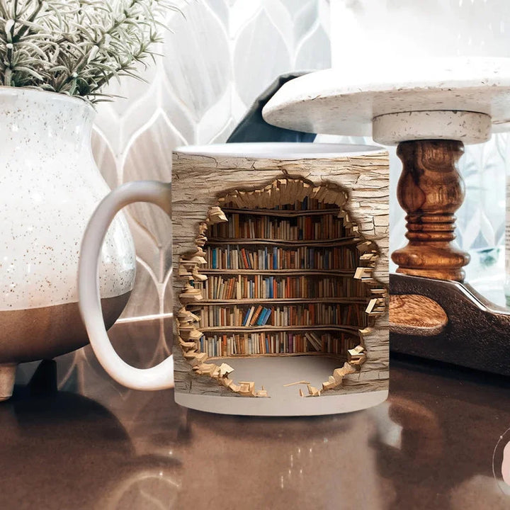 Close-up of a unique ceramic 3D Bookshelf Mug, ideal for bookworms & literary enthusiasts. Great home or office decor.