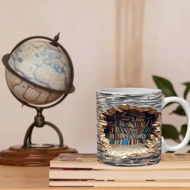 White ceramic 3D Bookshelf Mug, a charming and unique literary gift for readers. Enhances any home or office decor.
