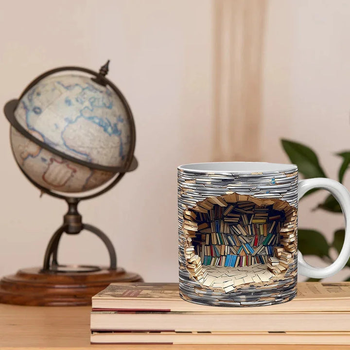 White ceramic 3D Bookshelf Mug, a charming and unique literary gift for readers. Enhances any home or office decor.