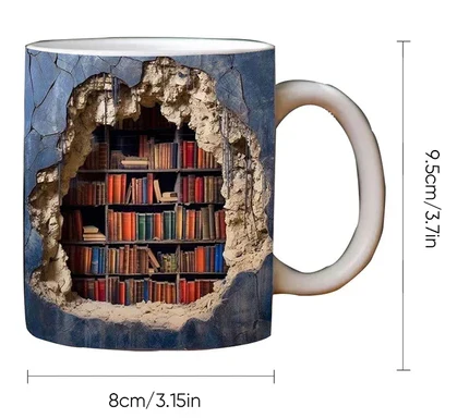 Gift for bookworms: a distinctive 3D Bookshelf Mug. Enjoy your coffee or tea with this unique ceramic reader's gift.